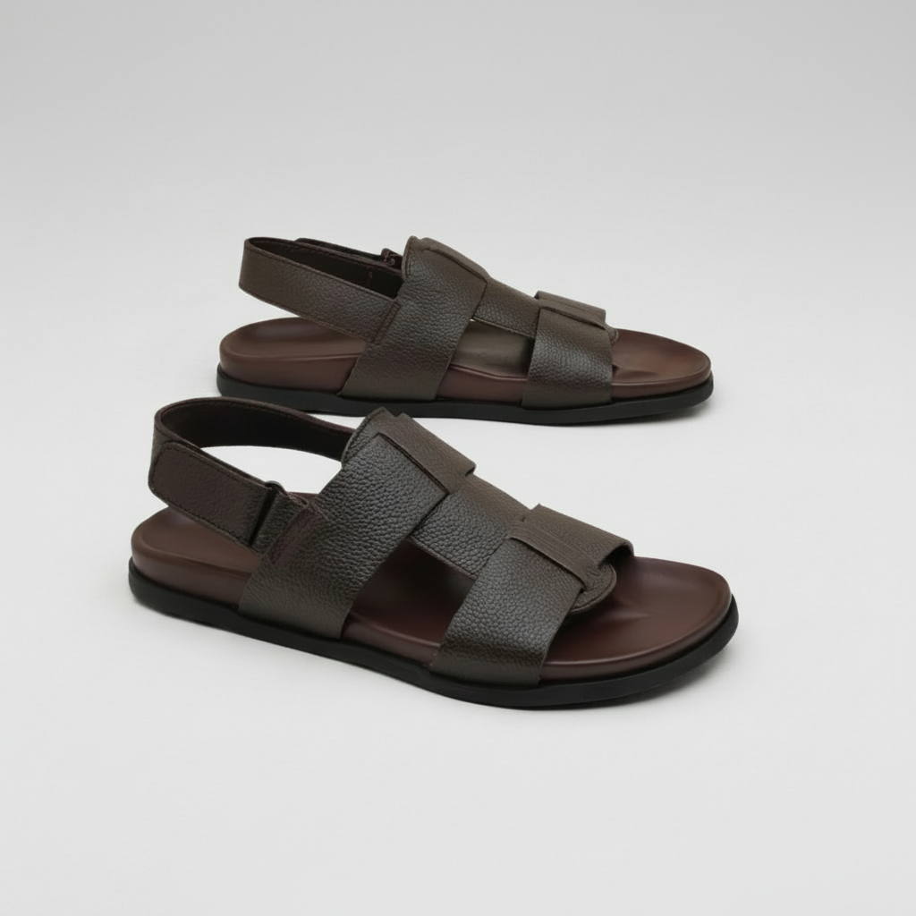 Pair of brown sandals on a white background